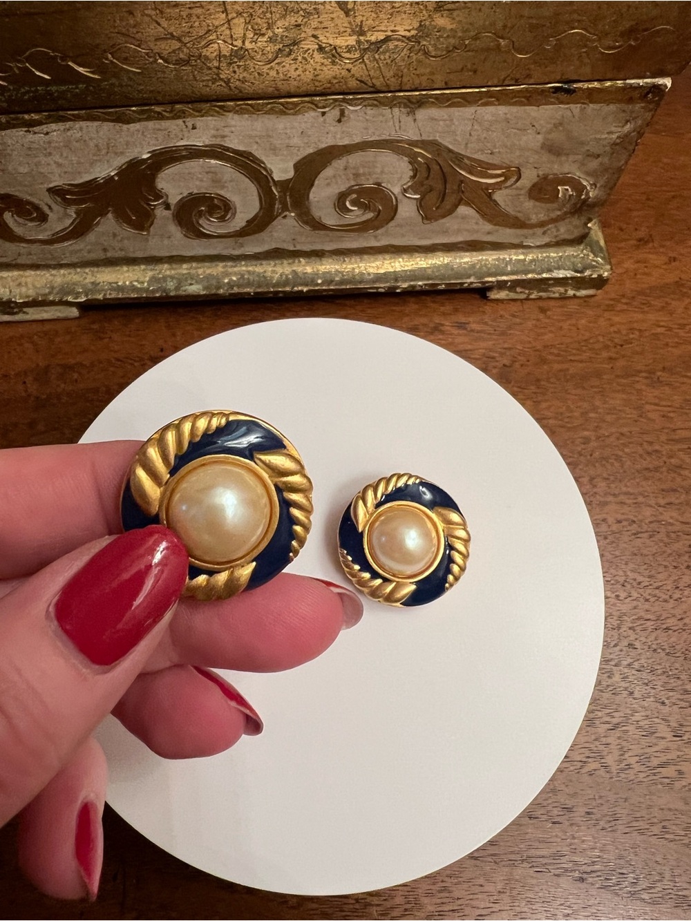 Vintage Talbots Gold-Tone Navy Pearl Button Clip-On Earrings - Nautical
